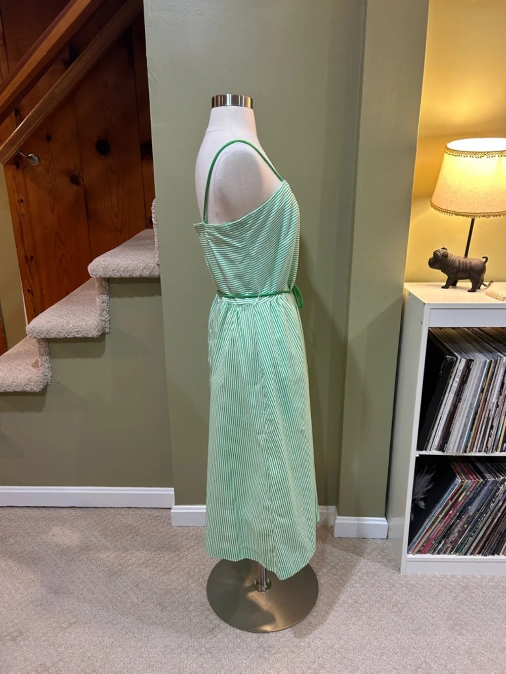 Vintage 70s 80s Green Striped Sundress Floral Embroidered Cottagecore M - Picture 4 of 10